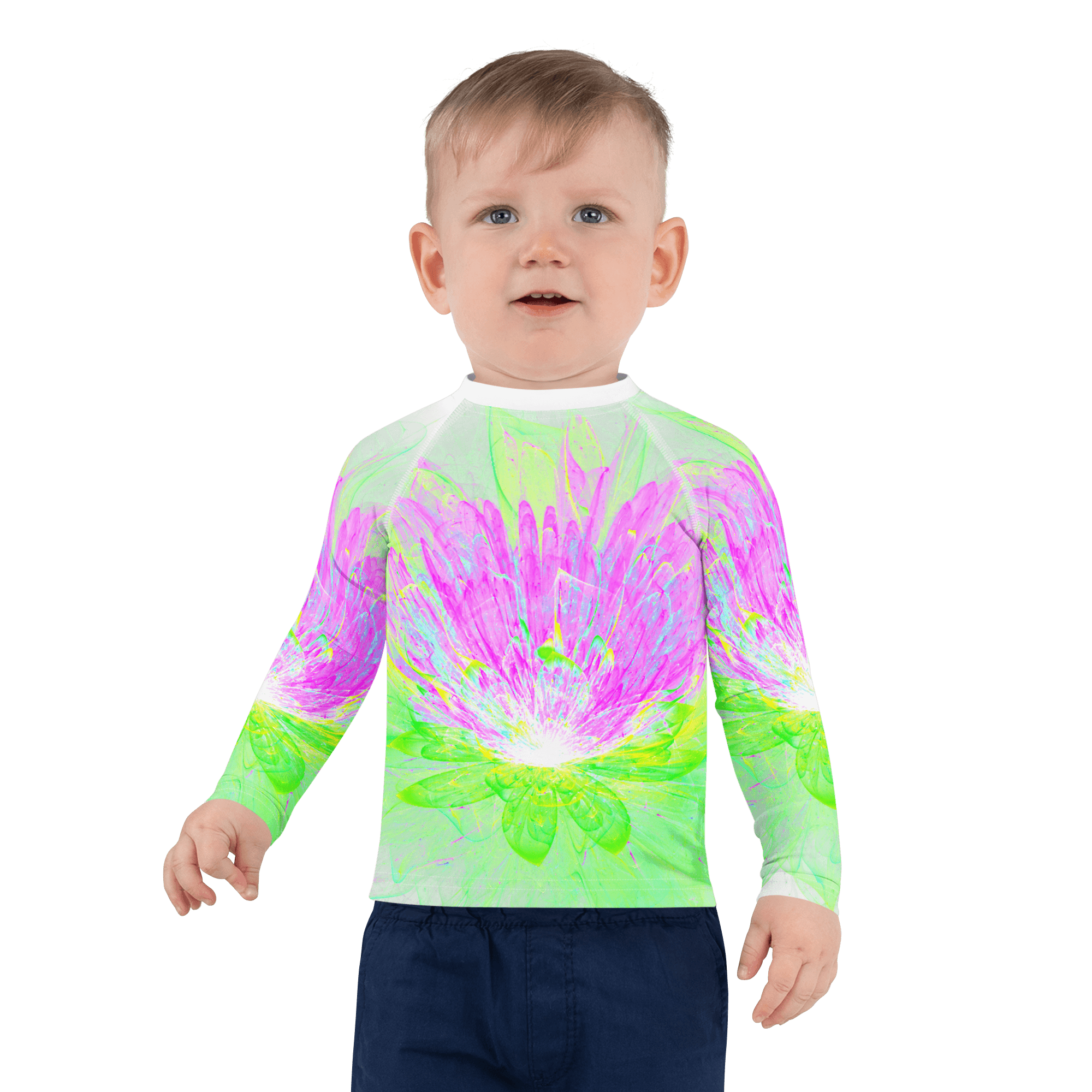 All-Over Print Kids Rash Guard Lotus Green Purple